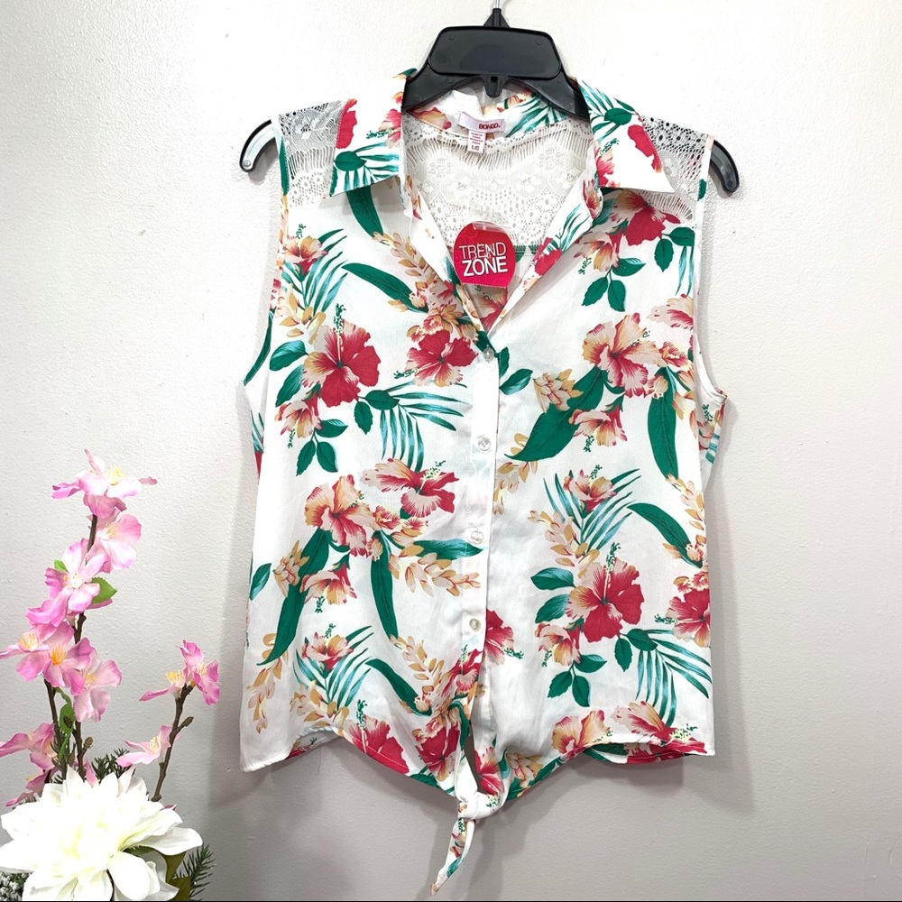 Bongo Women’s Ivory Floral Tropical Print Front Tie Sleeveless Top